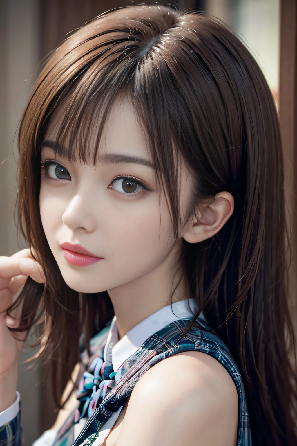(A hyper-realistic)、(illustratio)、(hight resolution)、(8K)、(ighly detailed)、(Best Illustration)、(beautifully detailed eyes)、(top-quality)、(ultra-detailliert)、(masterpiece)、(wall-)、(A detailed face)、独奏、1 girl in、looking at viewert、fine detailed、A detailed face、in the darkness nigth、deep-shadows、lowkey、pureerosfaceace_v1、A smile、long、Black shawl straight hair、46-point diagonal bangs,female students、(white blazer chest measurement)、Translucent white blouse、red bowtie、(Miniskirts in bright colors,Plaid)、A smile,
