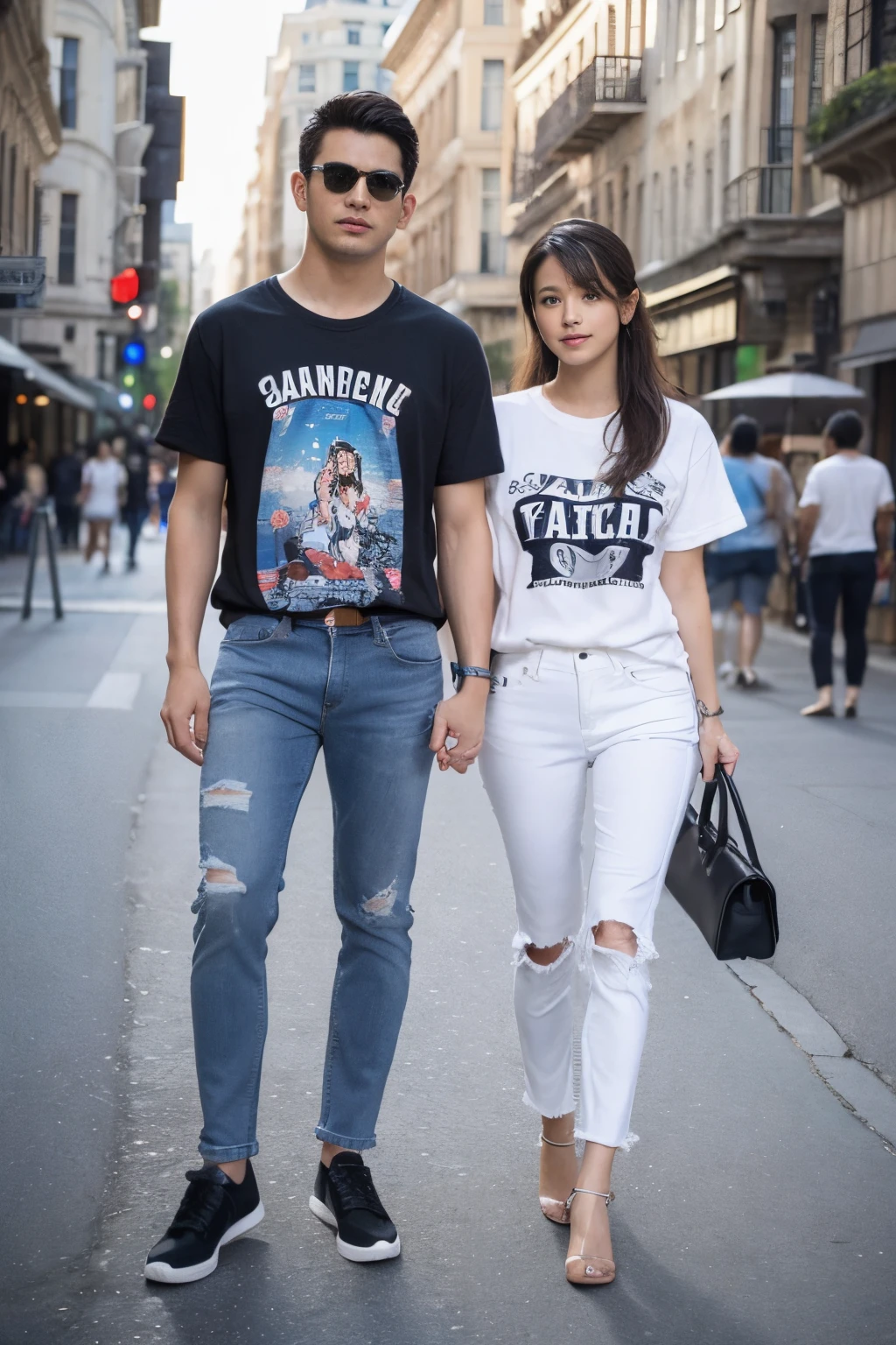 full body, a stylish model couple stands side by side. A man wearing black T-shirt and blue jeans. A woman wearing white T-shirt and blue jeans. They are standding in gray background. Capturing this moment demands the precision of a prime lens like the Nikon 50mm f/1.4, which beautifully renders details while maintaining a soft background bokeh