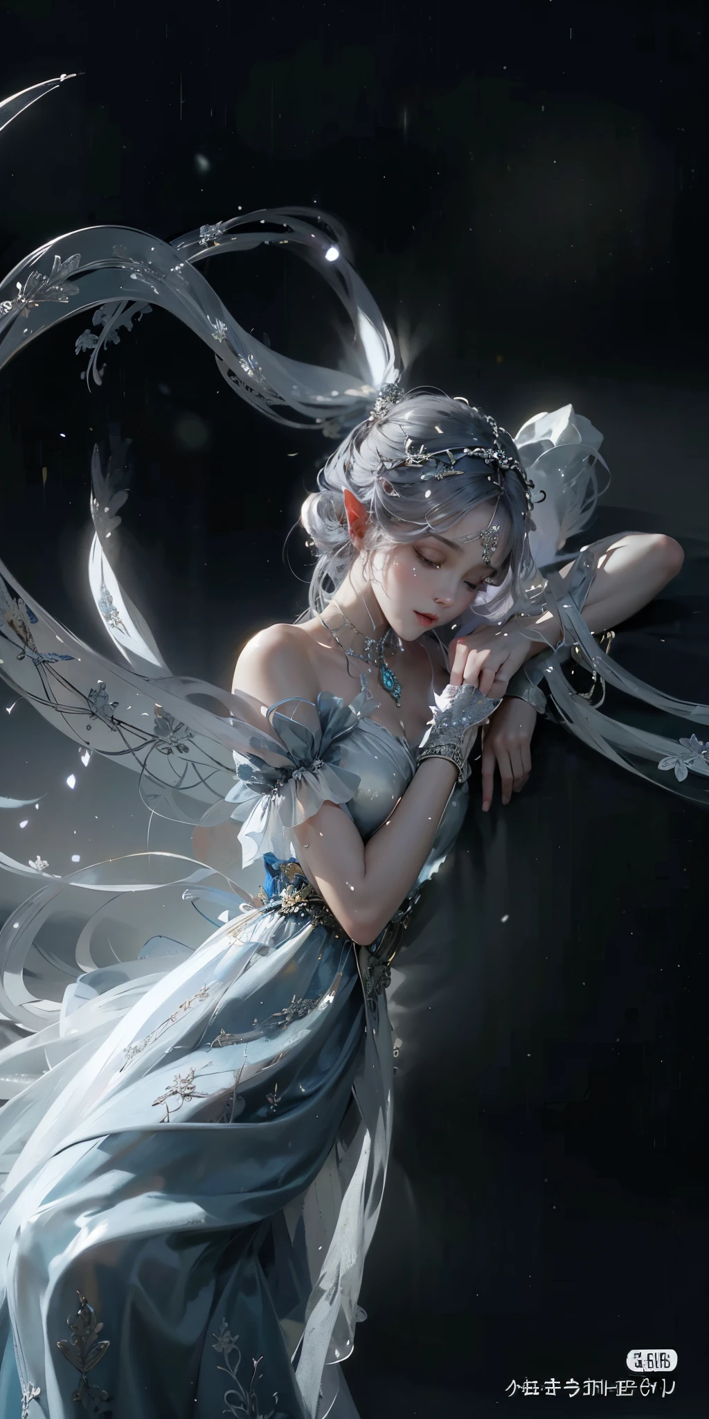 Close-up of a woman with updo hair, Wearing silver hair accessories,Sleep on your tummy,Complex and gorgeous anime CGI style, elegant cinematic pose, beautiful and elegant elf queen, ((beautiful fantasy empress)), Ethereal fantasy, ethereal anime, Astral Fairy, Beautiful fantasy anime, Ethereal stills, Elf Princess, beautiful fantasy empress, ethereal essence, Elf angel meditating in space