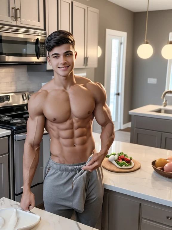 A young TikToker presents a cooking recipe for his community. He is young, handsome and muscular. He is shirtless and wears very revealing gray jogging pants. He holds a spatula in his hand and speaks enthusiastically. In the background we see his kitchen with a pack of eggs. He lives in Oklahoma. We see his entire body. We can see the shape of his penis.