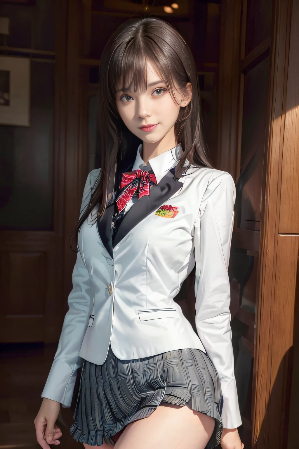 (A hyper-realistic)、(illustratio)、(hight resolution)、(8K)、(ighly detailed)、(Best Illustration)、(beautifully detailed eyes)、(top-quality)、(ultra-detailliert)、(masterpiece)、(wall-)、(A detailed face)、独奏、1 girl in、looking at viewert、fine detailed、A detailed face、in the darkness nigth、deep-shadows、lowkey、pureerosfaceace_v1、A smile、long、Black shawl straight hair、46-point diagonal bangs,female students、(white blazer chest measurement)、Translucent white blouse、red bowtie、(Miniskirts in bright colors,Plaid)、A smile,
