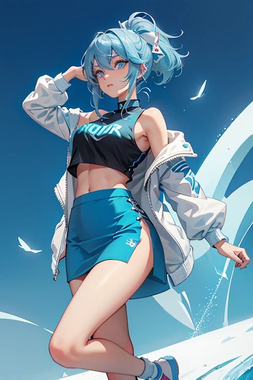(absurdres), [standing, upper body, close-up of girl:0.4], slim body, perfect body, mini skirt, high neck sports bra, gradient background, anime character, (cute girl:1.1), pose, standing on one leg