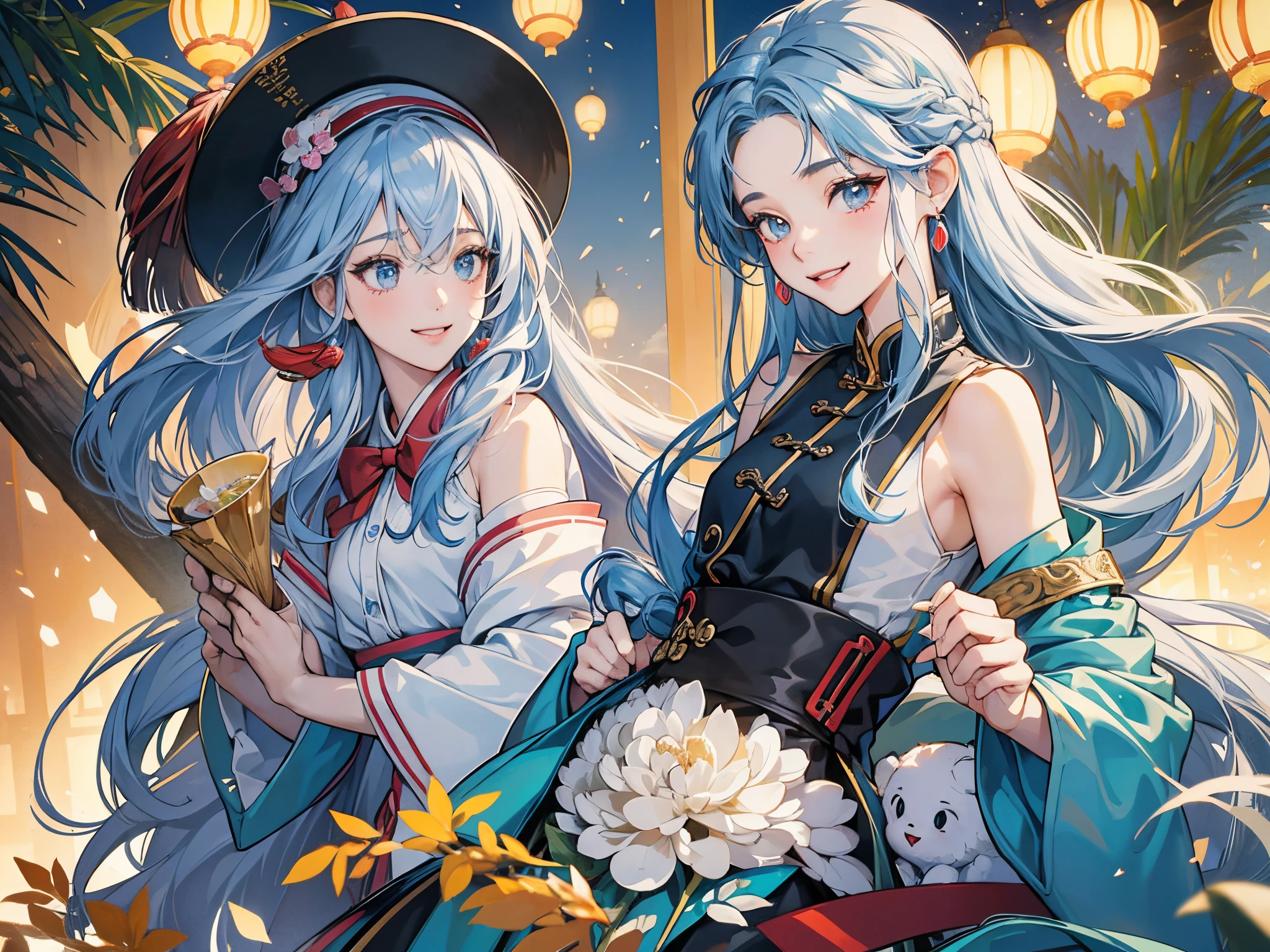 tmasterpiece, Best quality, offcial art, 8k wallpaper, very detailed nipples, illuminations, 1 girl, chineseidol, ink, skyblue hair, Long gray hair, 詳細な目, The fun of Forrest Gump, shoulder, medium , pure, Smile gently, bamboos, teas