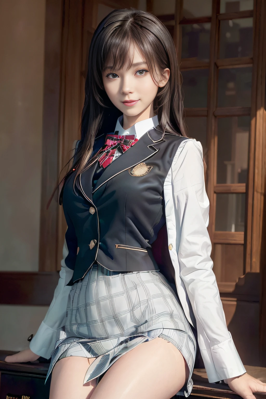 (A hyper-realistic)、(illustratio)、(hight resolution)、(8K)、(ighly detailed)、(Best Illustration)、(beautifully detailed eyes)、(top-quality)、(ultra-detailliert)、(masterpiece)、(wall-)、(A detailed face)、独奏、1 girl in、looking at viewert、fine detailed、A detailed face、in the darkness nigth、deep-shadows、lowkey、pureerosfaceace_v1、A smile、long、Black shawl straight hair、46-point diagonal bangs,female students、(white blazer chest measurement)、Translucent white blouse、red bowtie、(Miniskirts in bright colors,Plaid)、A smile,