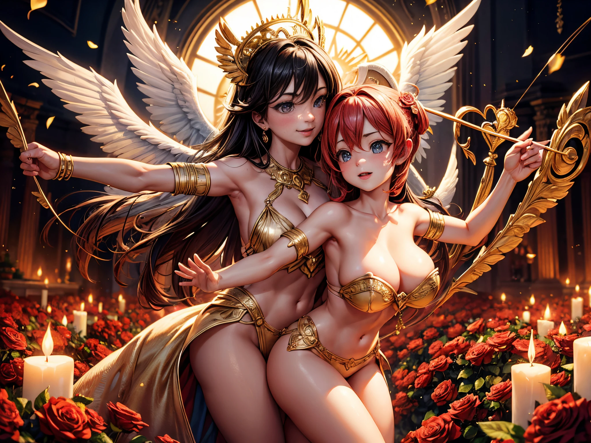 Illuminate a timeless scene with Cupid igniting an eternal flame fueled by 3D roses and hearts, casting warm light and fractal shadows that dance in celebration of enduring love. enormous tits