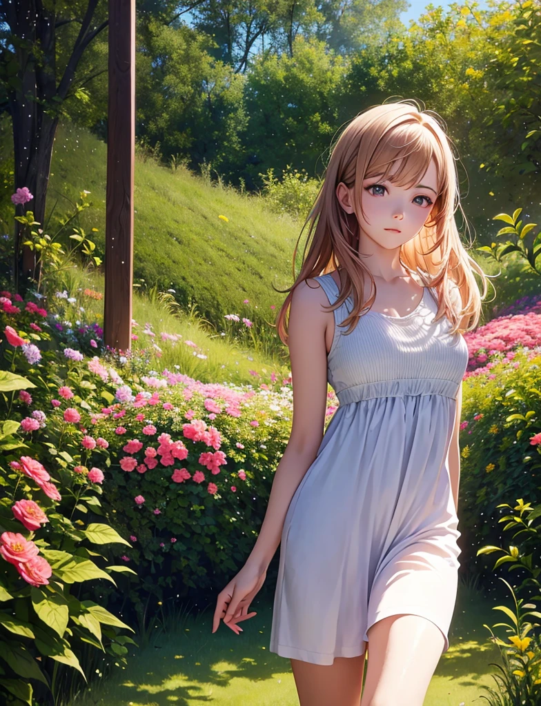 (best quality,4k,8k,highres,masterpiece:1.2),ultra-detailed,(realistic,photorealistic,photo-realistic:1.37),blooming flowers,nature scenery,beautiful garden,golden sunlight,serene atmosphere,delicate petals,vibrant colors,fresh fragrance,lush greenery,sparkling dewdrops,intricately textured leaves,flourishing plants,tall stems and delicate buds,soft breeze,scattered wildflowers,butterflies fluttering around,buzzing bees collecting nectar,peaceful sounds of nature,harmonious composition,blending hues of pinks,reds,yellows and purples,whispering grass,gentle rustling of leaves,playful sunlight and shadows,tranquil ambiance,vision of spring,overwhelming beauty of nature.