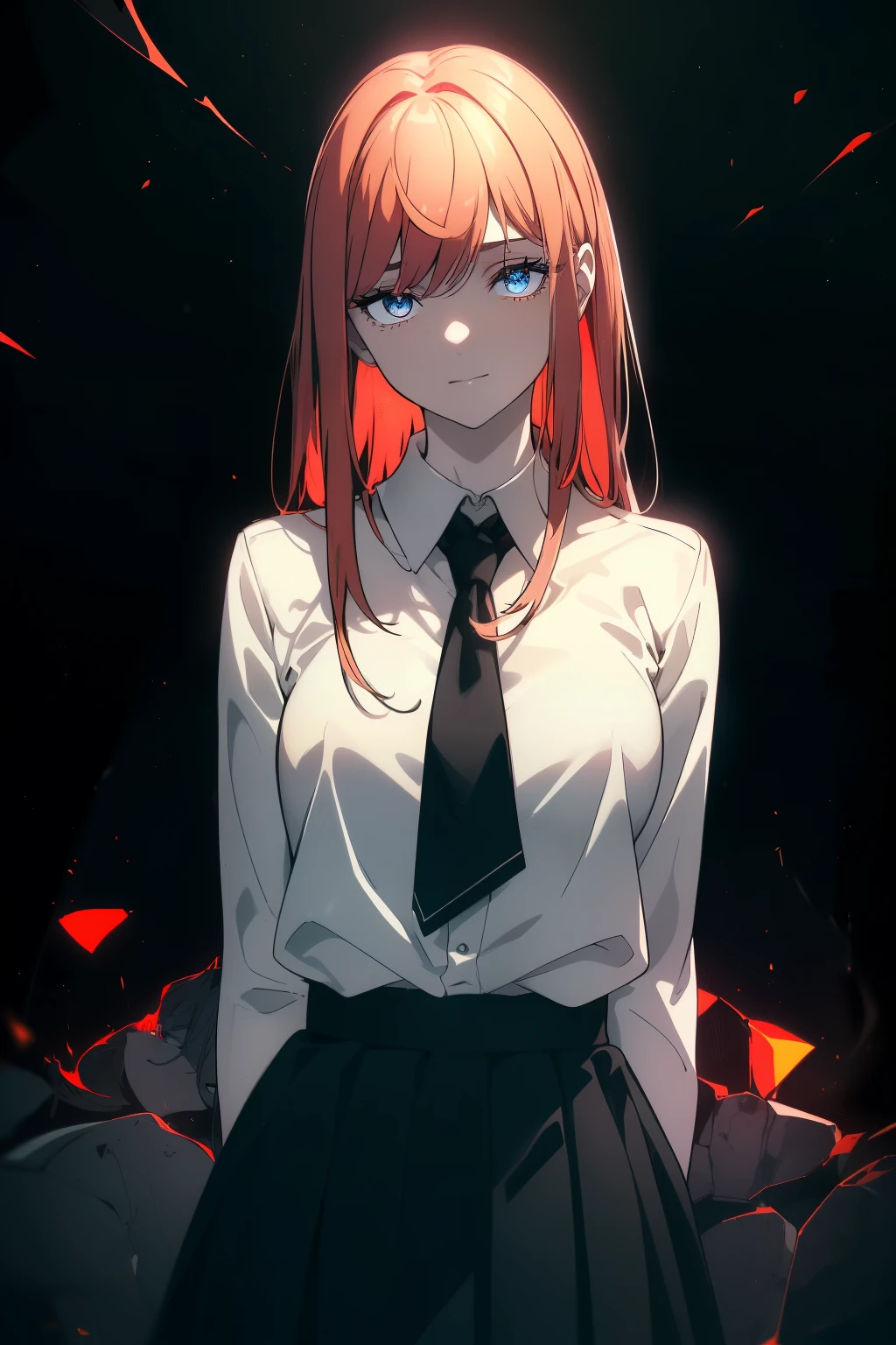 Anime girl with red hair and black tie sitting on a bed - SeaArt AI