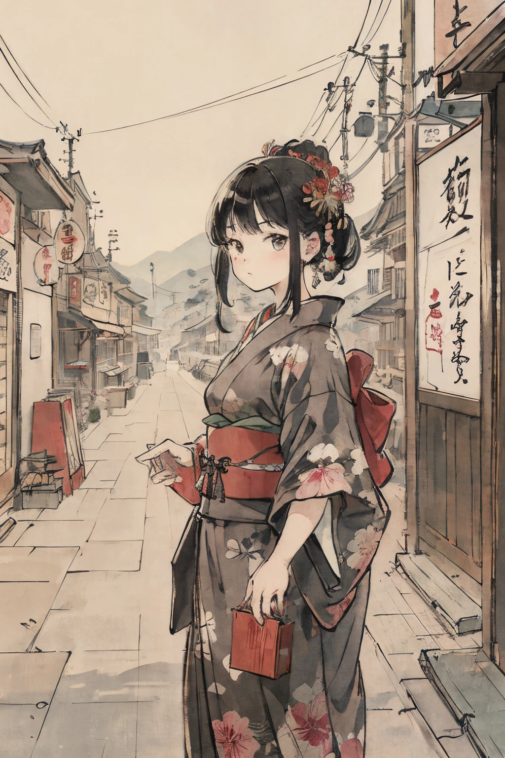 (masterpiece、top-quality:1.2)、Traditional Japan ink painting、monochromes、one girls、kimono、Modern Japan architecture, Japan convenience store, Big retro Japan shop sign, Retro Japan shop