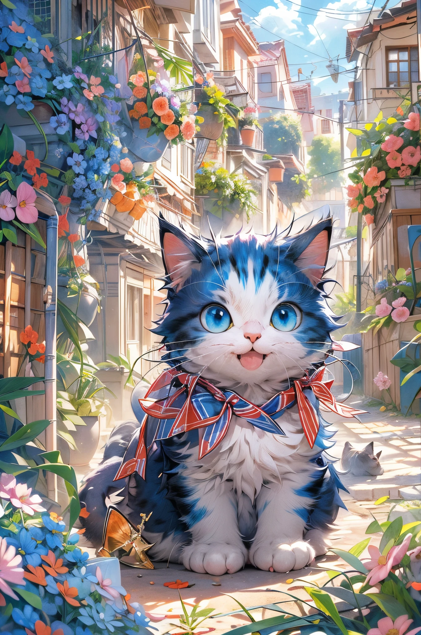 absurderes, ultra-detailliert,bright colour,(8K:1.5),masuter piece,Bright scenery、For that, blue open sky、extremely beautiful detailed face and eyes,(Cat personification:1.4)、(Deep Blue Eyes:1.4) Valley、Pink skin、Summer morning、A back alley with lots of flowers blooming、(Cat Pose:1.5),(Too cute smile:1.3),(double tooth:1.3),(Long cat tail)