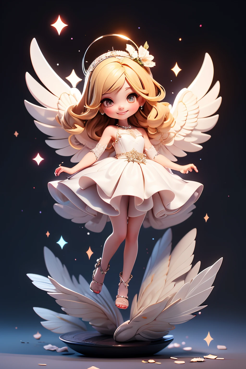Blonde girl with black wings and black pearls in a white dress of crystal clear thin fabric,A smile、Reach out before you、Floating in the sky、 Shines