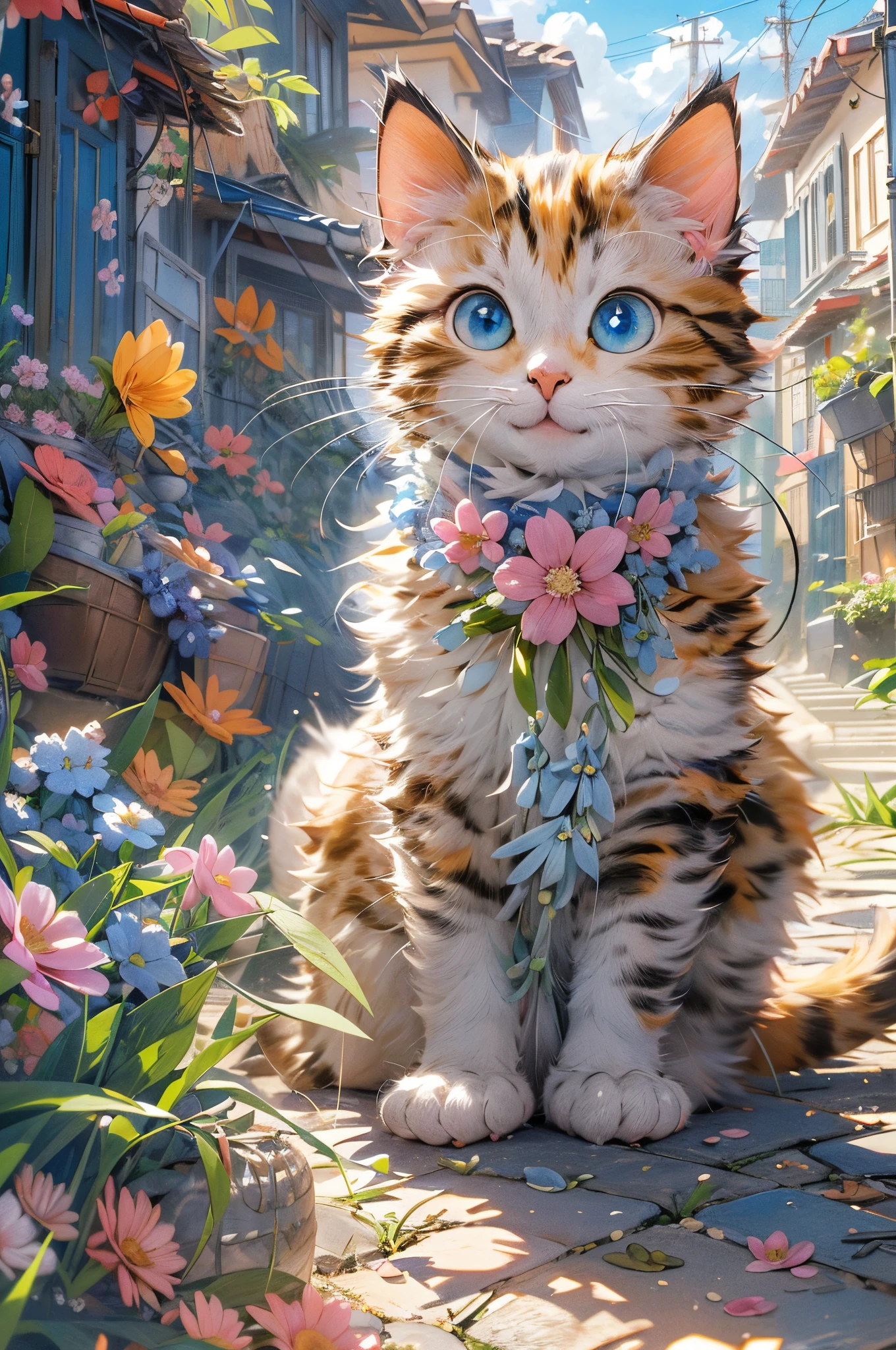 absurderes, ultra-detailliert,bright colour,(8K:1.5),masuter piece,Bright scenery、For that, blue open sky、extremely beautiful detailed face and eyes,(Cat personification:1.4)、(Deep Blue Eyes:1.4) Valley、Pink skin、Summer morning、A back alley with lots of flowers blooming、(Cat Pose:1.5),(Too cute smile:1.3),(double tooth:1.3),(Long cat tail)