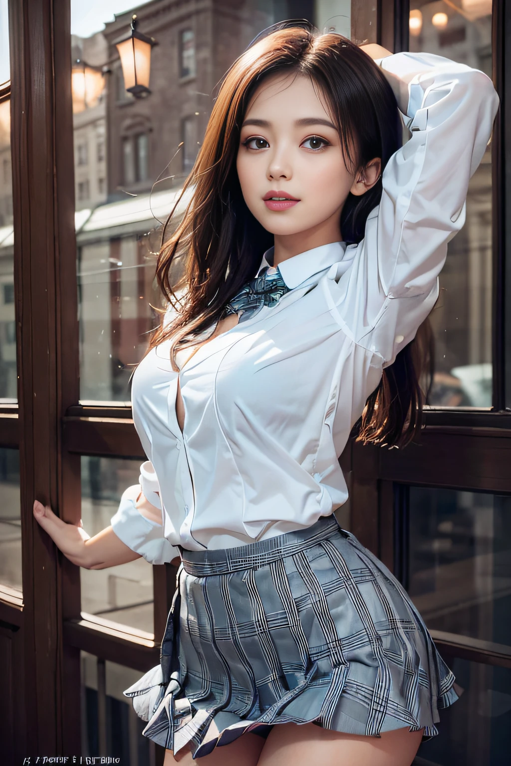 (reality: 1.4),highest quality, masterpiece, high detail, 16K quality, beautiful, 1 beautiful girl,japanese,super beautiful face,,japanese idol face,cute face,super detailed face,detailed hand,beautiful skin,oily skin,big eyes,profeccional lighting,long hair,black hair,brown beautiful eyes, big smile,standing, (skirt lift),big breasts,see through white shirt,(checked skirt),(white panties),(showing panties),cameltoe,black high socks,spread legs, she is looking at the camera,Skyscraper rooftop,blue sky, nsfw,from front,