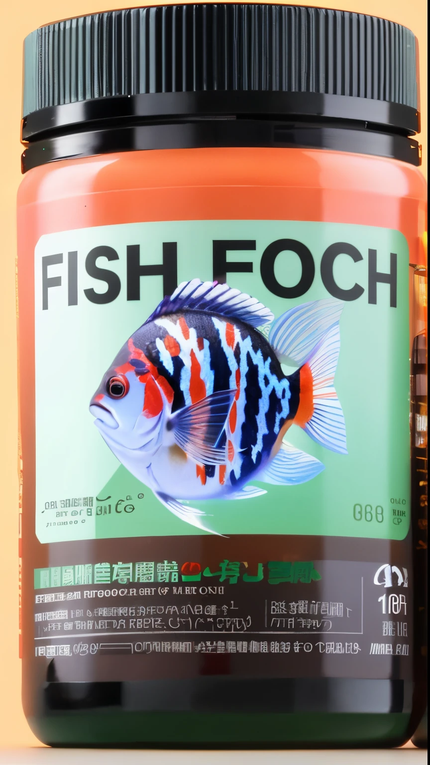 A packaging design for fish feed，illustration fish，Red-orange color scheme，Black jar with label，green color，Fish illustration，Rich colors，真实感，Full-HD.1080P,2K,4K,8K，closeup cleavage，3D，OC rendering，Volumetriclighting，Strong sense of three-dimensionality，Design packaging，Artistically