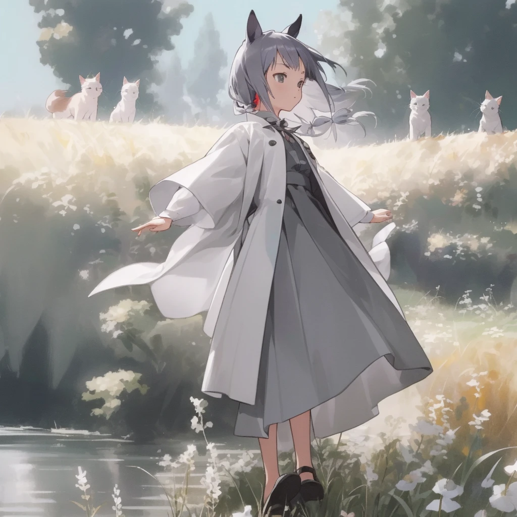 (tmasterpiece, Best quality at best, A high resolution: 1.2), 1 girl, Alone, dual horsetail, With gray eyes, The upper part of the body, a skirt, silber hair, Cat ears