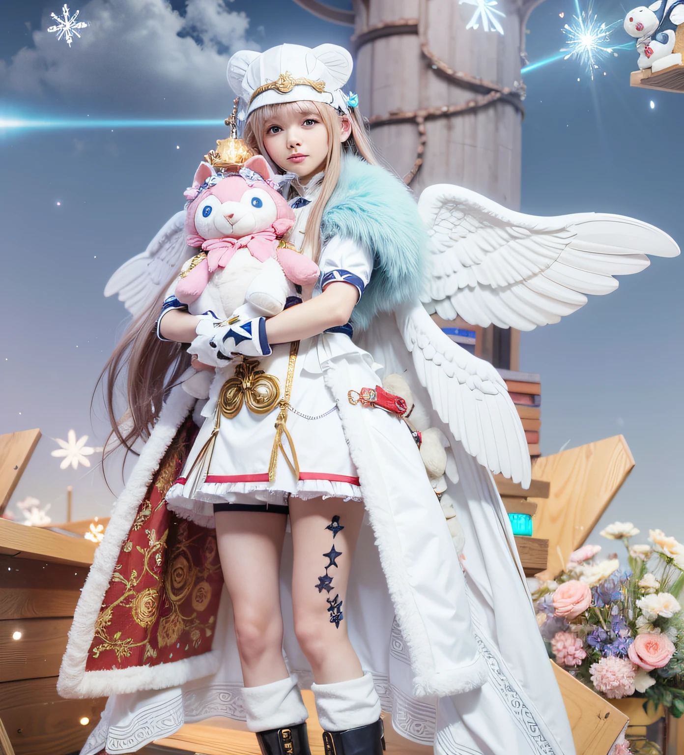 anime character dressed in white holding a stuffed animal, holding a pudica pose, from the azur lane videogame, atelier lulua, as a mystical valkyrie, 8k octae render photo, angel-themed, lunar themed attire, lalafell, render of april, loli, angel themed, clothes themed on a peacock mage, fantasy outfit