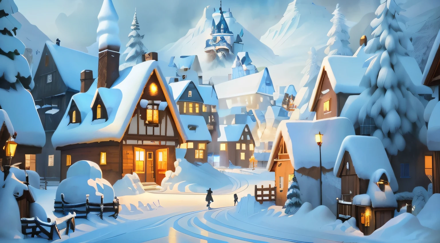 Snow Village, Arte conceitual de inverno, Snowy winter Christmas Eve, European and American illustrations，Pixar art concept，concept design，Colorful concept art, Gameplay remains, game screenshot, video game stills, Official concept art, Pixar Art, , row, Stylized, offcial art, video game screenshot, Official artwork