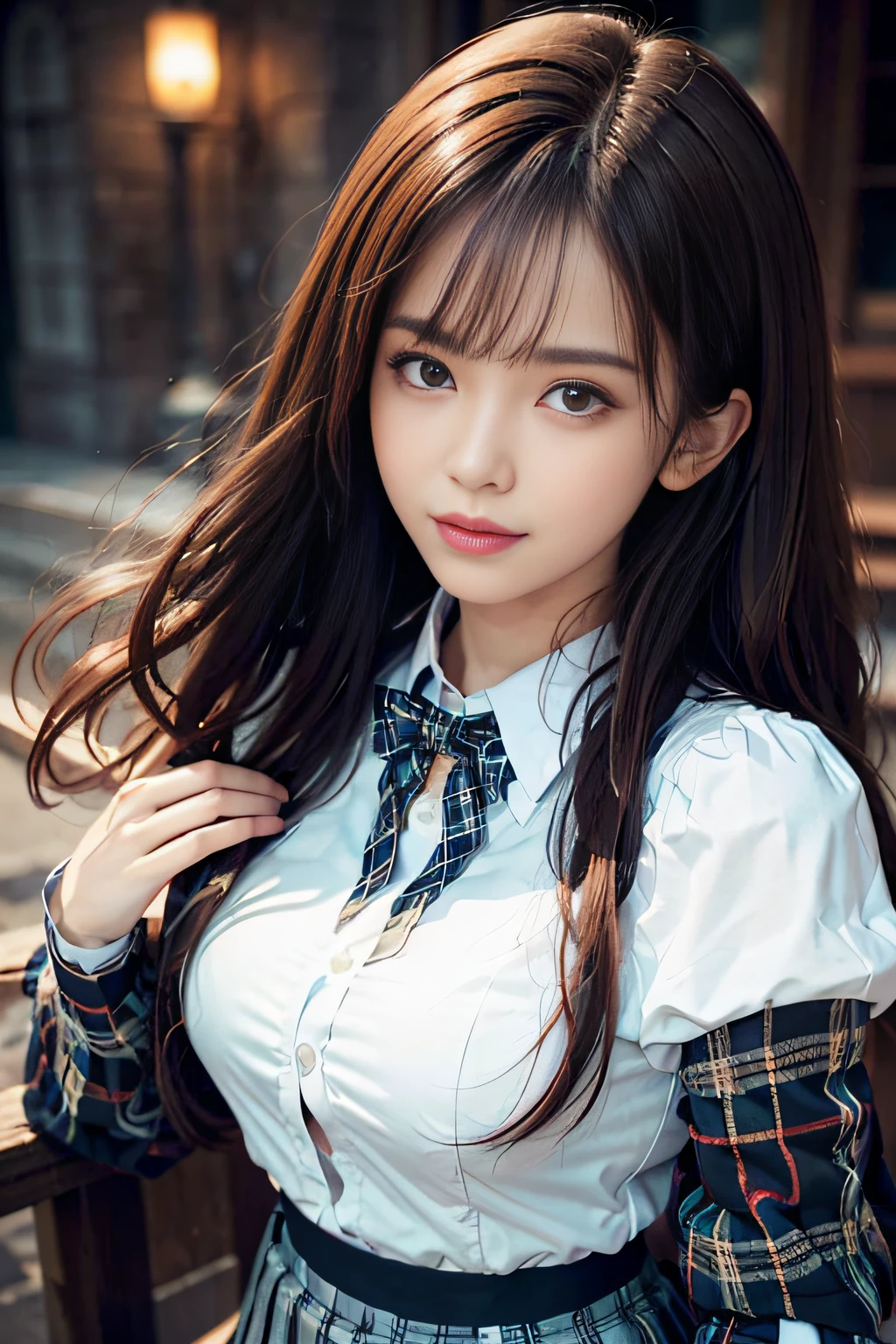 (A hyper-realistic)、(illustratio)、(hight resolution)、(8K)、(ighly detailed)、(Best Illustration)、(beautifully detailed eyes)、(top-quality)、(ultra-detailliert)、(masterpiece)、(wall-)、(A detailed face)、独奏、1 girl in、looking at viewert、fine detailed、A detailed face、in the darkness nigth、deep-shadows、lowkey、pureerosfaceace_v1、A smile、long、Black shawl straight hair、46-point diagonal bangs,female students、(white blazer chest measurement)、Translucent white blouse、red bowtie、(Miniskirts in bright colors,Plaid)、A smile,((Skirt soars in the wind)),Puffy sleeves、Wrist cuffs、grab skirt、self lift:1.3),mix4、((Colorful panties are visible under the skirt))