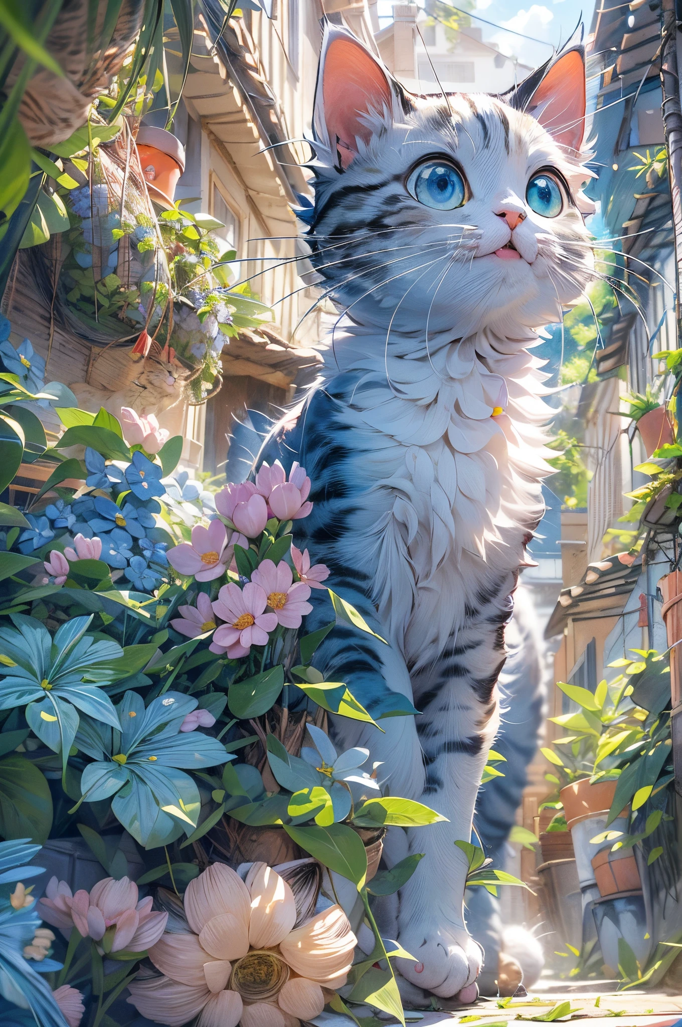 absurderes, ultra-detailliert,bright colour,(8K:1.5),masuter piece,Bright scenery、For that, blue open sky、extremely beautiful detailed face and eyes,(Cat personification:1.4)、(Deep Blue Eyes:1.4) Valley、Pink skin、Summer morning、A back alley with lots of flowers blooming、(Cat Pose:1.5),(Too cute smile:1.3),(double tooth:1.3),(Long cat tail)