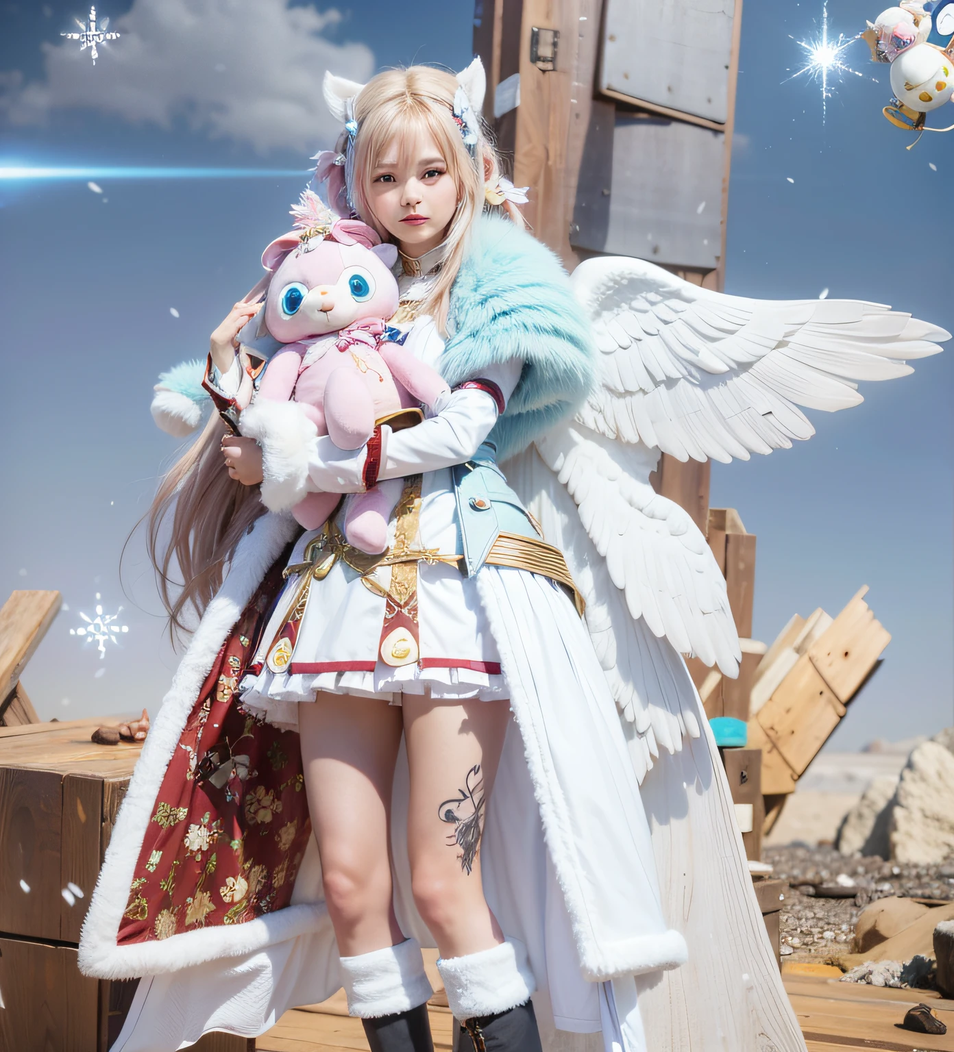 anime character dressed in white holding a stuffed animal, holding a pudica pose, from the azur lane videogame, atelier lulua, as a mystical valkyrie, 8k octae render photo, angel-themed, lunar themed attire, lalafell, render of april, loli, angel themed, clothes themed on a peacock mage, fantasy outfit