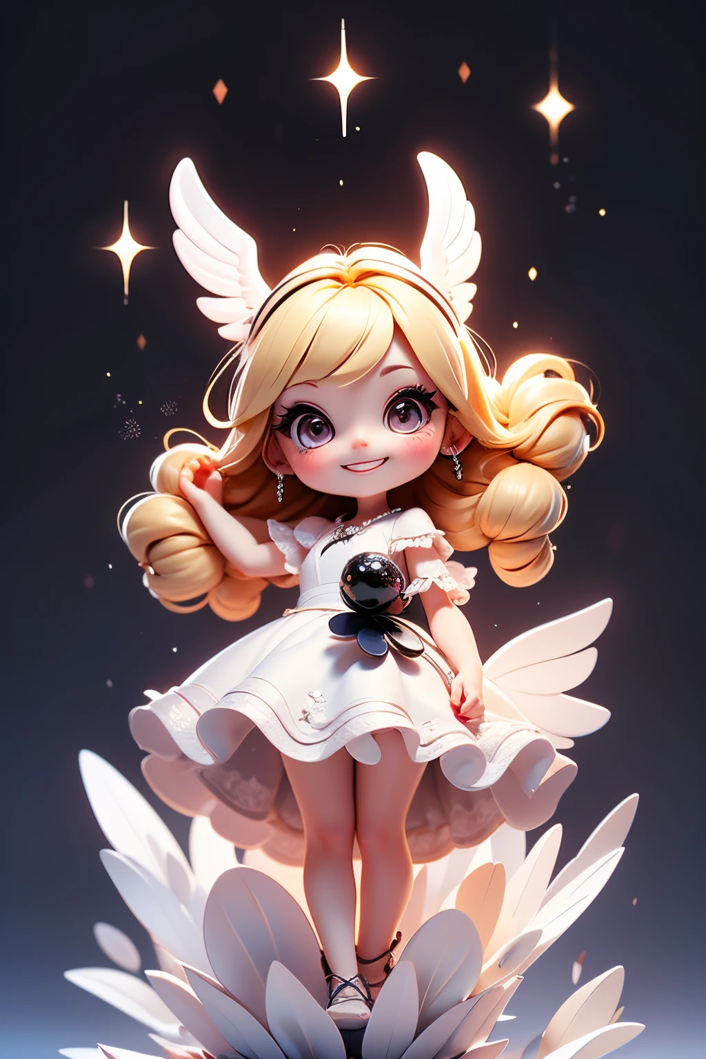 Blonde girl with black wings and black pearls in a white dress of crystal clear thin fabric,A smile、Reach out before you、Floating in the sky、 Shines