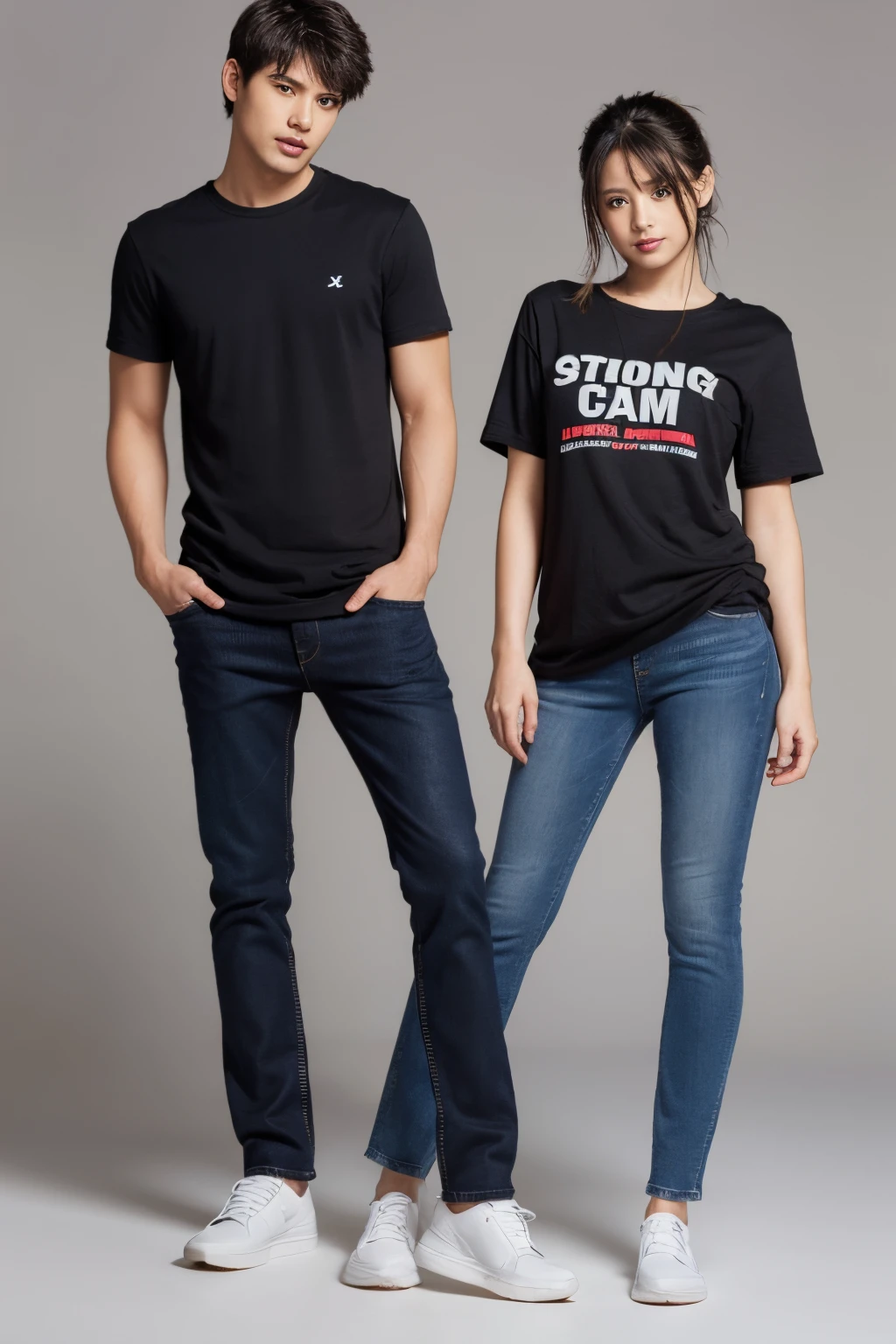 full body, a stylish model couple stands side by side. A man wearing black T-shirt and blue jeans. A woman wearing no clothes. They are standding in gray background. Capturing this moment demands the precision of a prime lens like the Nikon 50mm f/1.4, which beautifully renders details while maintaining a soft background bokeh