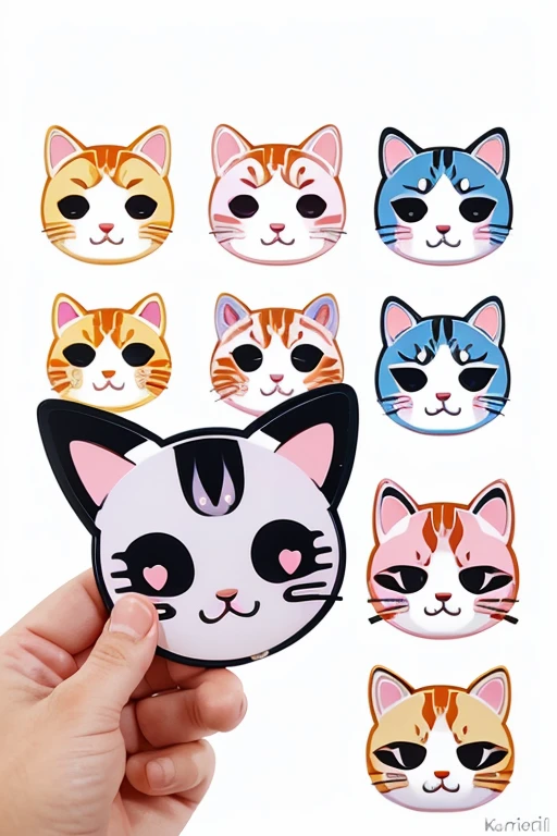 10 stickers, sticker, (kawaii,  Cat face with different expressions (emoji style)), star, White background, no background, background, minimal, kawaii, tiny, pastel color, vector style, no gradient