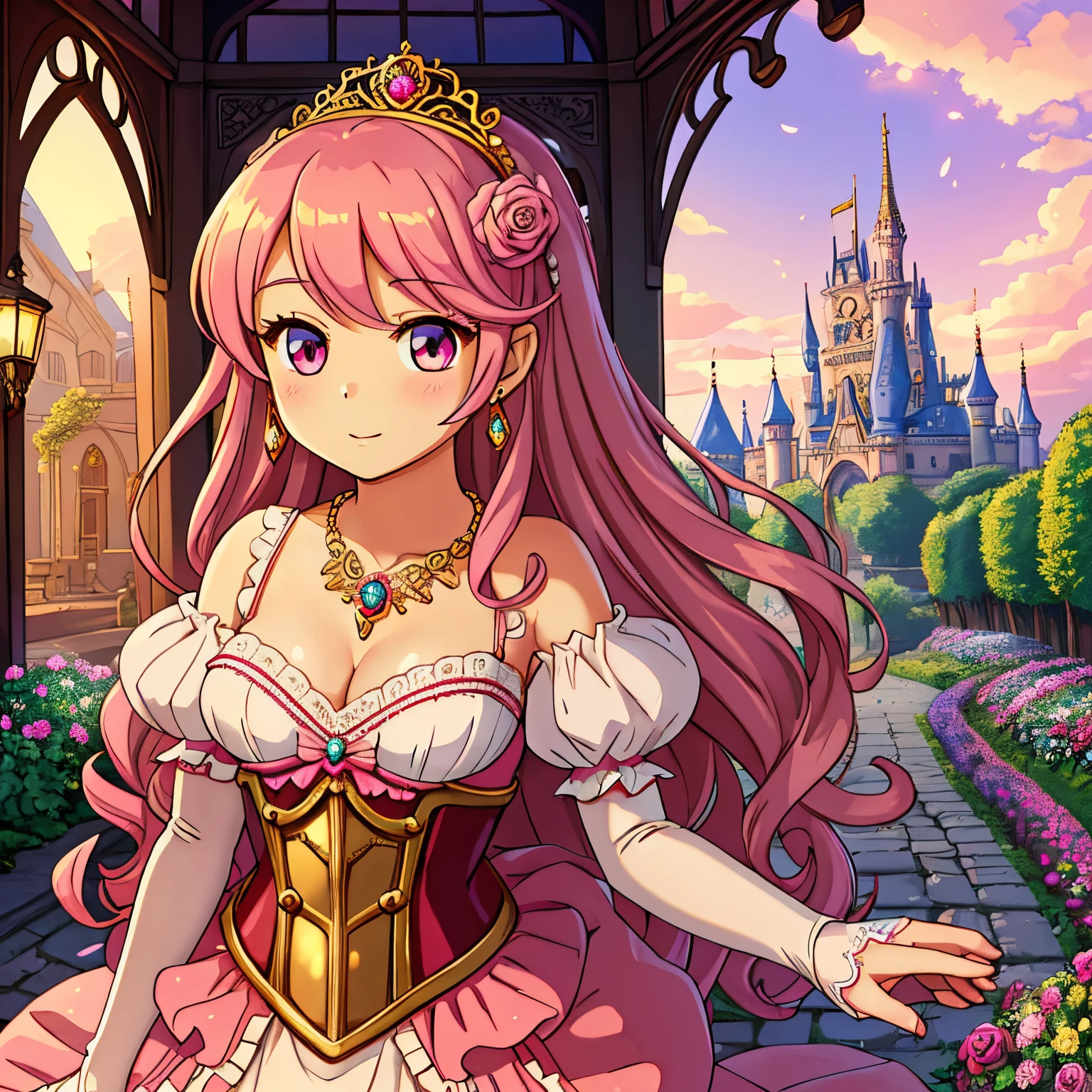 (Best quality,highres:1.2), ultra-detailed, anime style, portrait, full-length, pretty 15 years old princess, beautiful detailed eyes, cute happy expression, long red pigtails hair, pink eyes, small breast, makeup and lipstick, steampunk, golden gears and machinery details, red and white ball gown with puffy sleeves, lace trim and ruffles, elaborate embroidery, delicate lace gloves, pretty tiara adorned with gems, fancy necklace and earrings, princess holding a rose bouquet in her hand, standing in a lush garden with blooming flowers, cobblestone pathway, steampunk landscape with floating islands and airships, cotton candy-colored clouds, soft golden sunlight illuminating the scene.