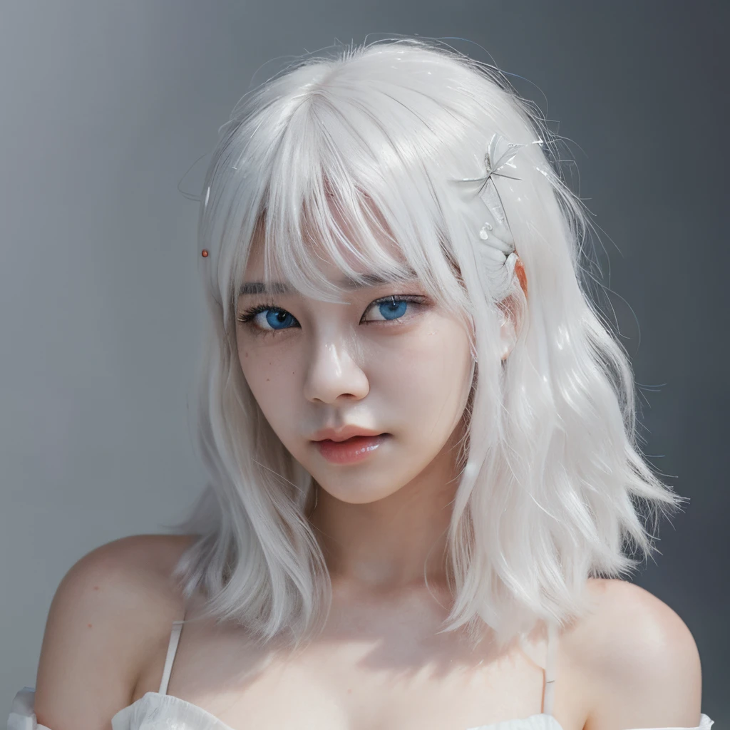 Highest quality, masterpiece, Ultra-high resolution, (Realistic: 1.4), RAW Photos, 1 Girl, Shiny skin, (Ultra-Realistic Details)), Portraiture, Global Illumination, Shadow, Octane Rendering, 8k, Ultra Sharp, big, South Korea details, Very intricate detail, Realistic Light, CGSoation Trend, Purple eyes, Glowing Eyes, To the camera, Neon Details,(Lighting on face:1.5)),((Delicately depicting the face:1.2)),((Silver hair color:1.4)),((Very short bob hair:1.2),(((Completely naked))),(((nsfw))),((Small breasts:1.5)),((Fair skin:1.5)),((Black Background:1.4)),((((nsfw))))