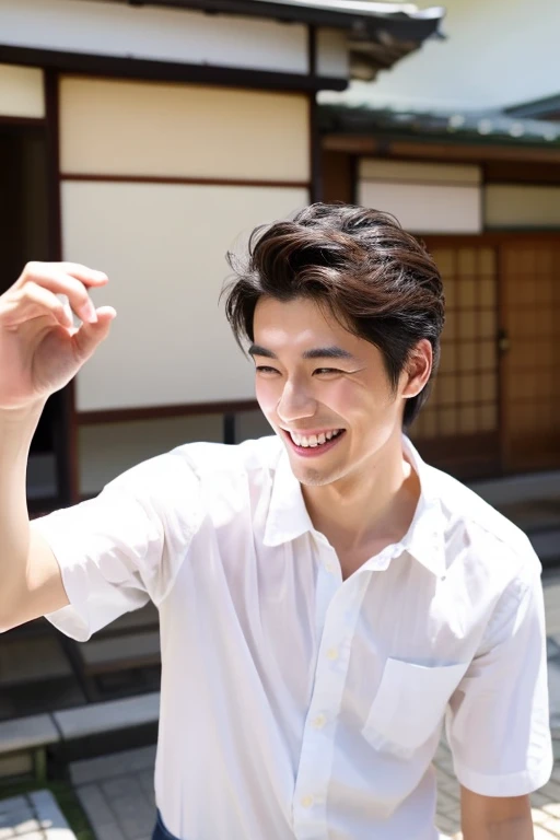 Handsome Japanese man looking at smartphone,a smile,21 year old male from Japan,Wears a white shirt,dancing with joy