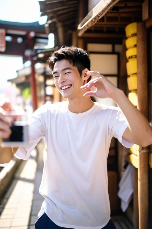 Handsome Japanese man looking at smartphone,a smile,21 year old male from Japan,Wears a white shirt,dancing with joy