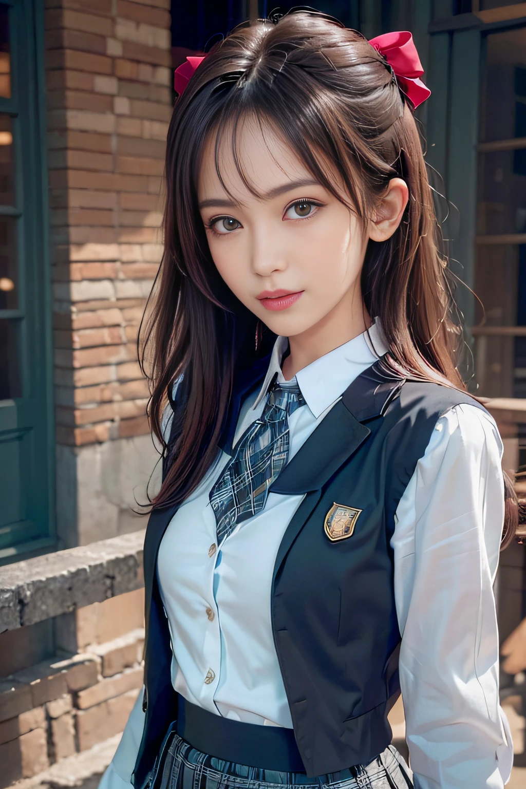 ((girl standing in front of the school stairs)）、(A hyper-realistic)、(illustratio)、(hight resolution)、(8K)、(ighly detailed)、(Best Illustration)、(beautifully detailed eyes)、(top-quality)、(ultra-detailliert)、(​masterpiece)、(wall-）、（A detailed face）、独奏、1 girl in、looking at viewert、fine detailed、A detailed face、in the darkness nigth、deep-shadows、lowkey、pureerosfaceace_v1、A smile、long、Black shawl straight hair、46-point diagonal bangs,female students、(white blazer chest measurement)、Translucent white blouse、red bowtie、(Miniskirts in bright colors,Plaid)、A smile,((Skirt soars in the wind)),Puffy sleeves、Wrist cuffs、grab skirt、self lift:1.3),mix４、((You can see pants with a small floral strawberry pattern on a white background..))