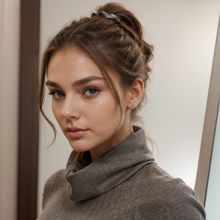 Her long, wavy brown hair was neatly pulled back into a ponytail, drawing attention to her eyes-cold yet expressive with a rare gray hue. Thick, perfectly sculpted eyebrows framed her face, complementing the defined jawline visible in her side profile. A small, pointed nose and bow-shaped lips added to her overall allure. Clad in an outfit that hugged her curves, I could only imagine her body is as flawless as her appearance suggests. In short, she seemed close to perfection in terms of physical appearance.