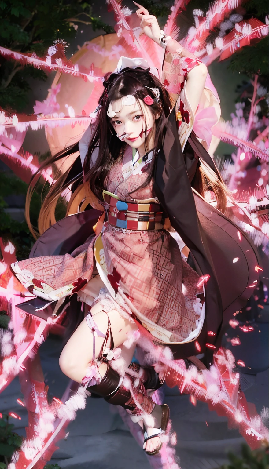 Masterpiece, best quality, 1girl, solo, , mature, black and red hair, messy hair, side parted hair, waist length hair, brown eyes, small breasts, firm, 153 cm, pale skin, grin, traditional kimono Japanese, inner kimono pink pattern, outer kimono dark brown