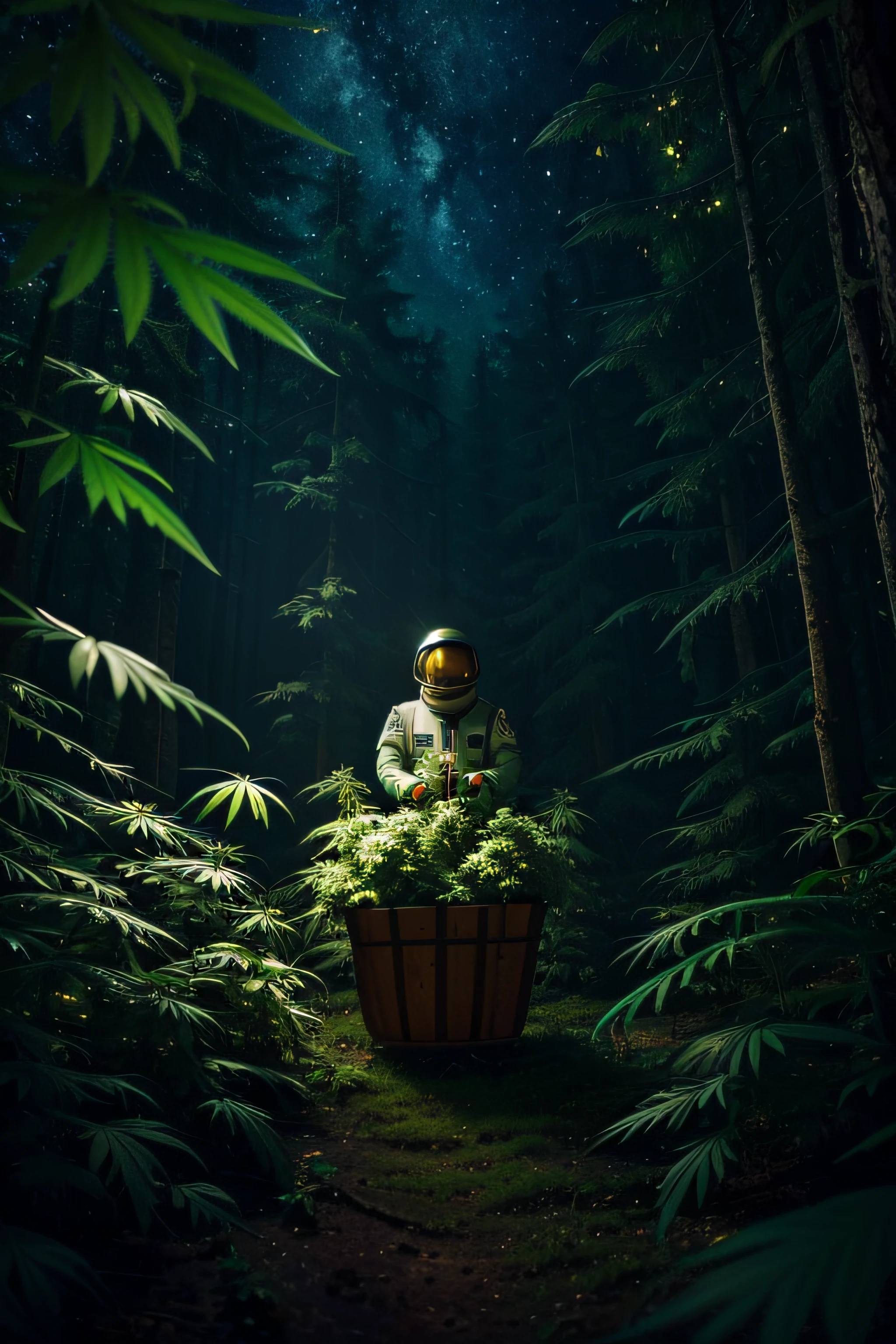 (astronauta,Floresta de Cannabis:1.1),(personagem astronautaa),(floresta verde),( leaves),(cesto),(colheita),(peaceful),(outer space),(cores vibrantes),(dream lighting),(fotorrealista),(circunstanciado),(alta resolução),(Qualidade HD),(alegre)