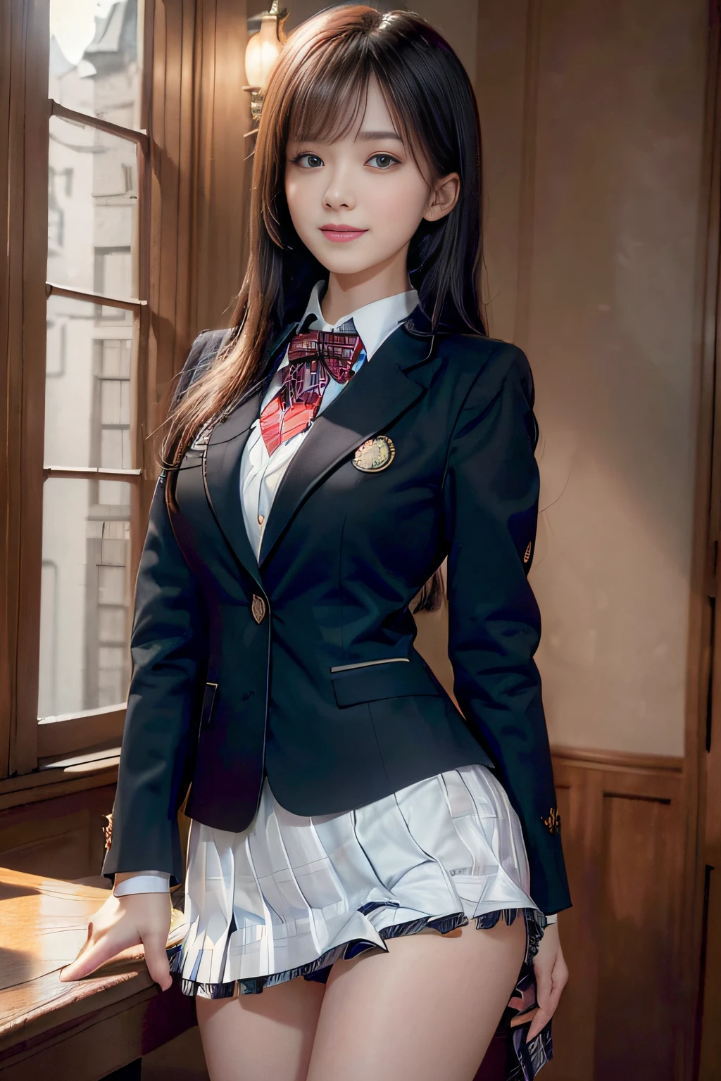 (A hyper-realistic)、(illustratio)、(hight resolution)、(8K)、(ighly detailed)、(Best Illustration)、(beautifully detailed eyes)、(top-quality)、(ultra-detailliert)、(masterpiece)、(wall-)、(A detailed face)、独奏、1 girl in、looking at viewert、fine detailed、A detailed face、in the darkness nigth、deep-shadows、lowkey、pureerosfaceace_v1、A smile、long、Black shawl straight hair、46-point diagonal bangs,female students、(white blazer chest measurement)、Translucent white blouse、red bowtie、(Miniskirts in bright colors,Plaid)、A smile,