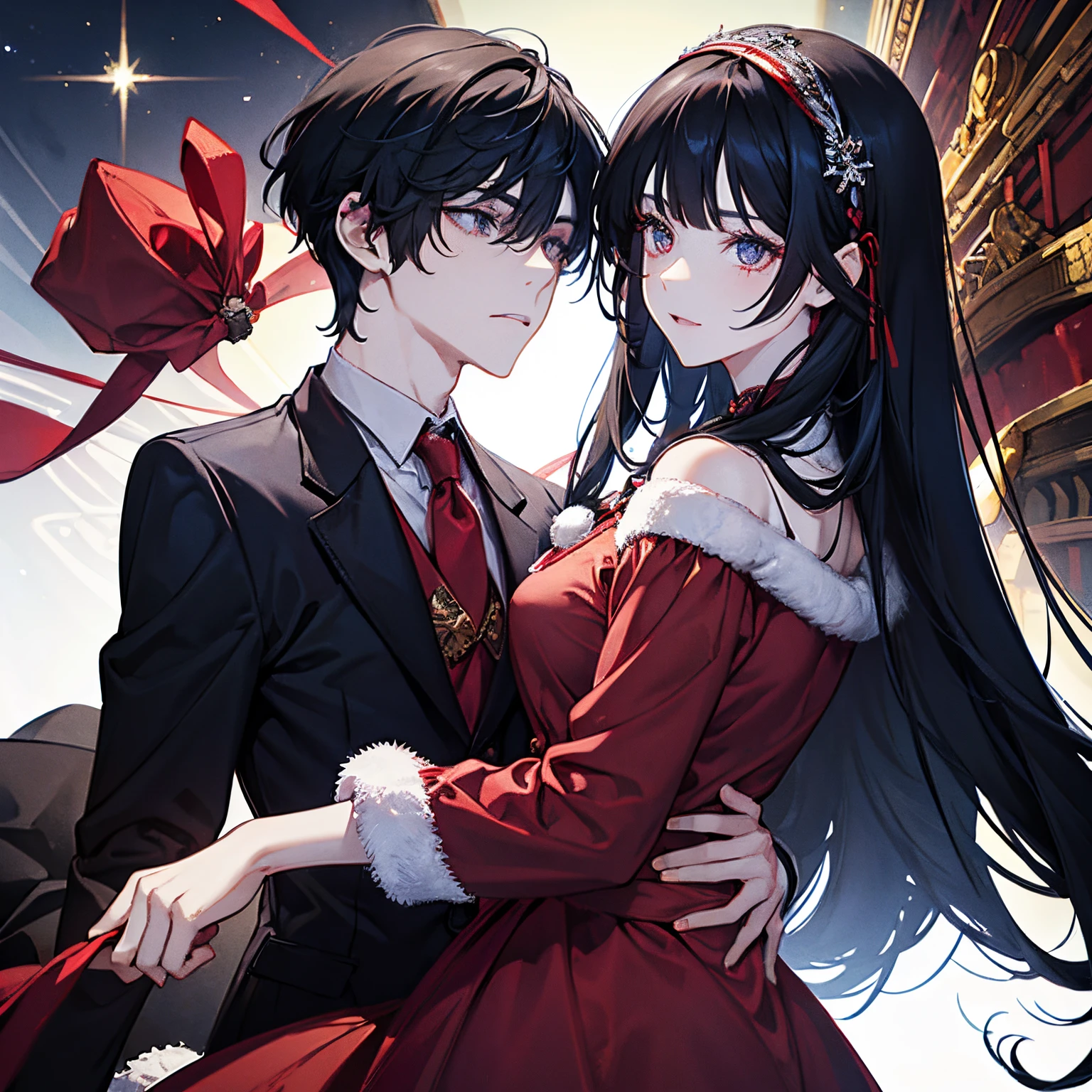 man and woman wearing santa clothes,The woman has long straight black hair and dark blue eyes.,The man has black hair and red eyes.