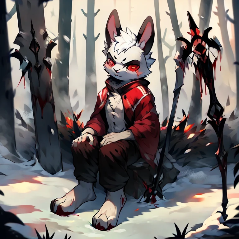 ( male white bunny)   ( forest cover in snow  )  ( covered in blood) ( death glare  )  ( sitting on his knees).  (Black pants with red symbol on it )   (red eyes ) ( staff on the Snow).