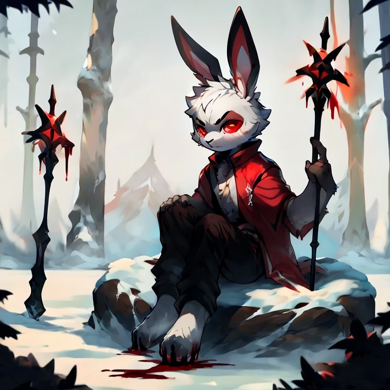( male white bunny) ( forest cover in snow ) ( covered in blood) ( death glare ) ( sitting on his knees). (Black pants with red symbol on it ) (red eyes ) ( staff on the Snow).