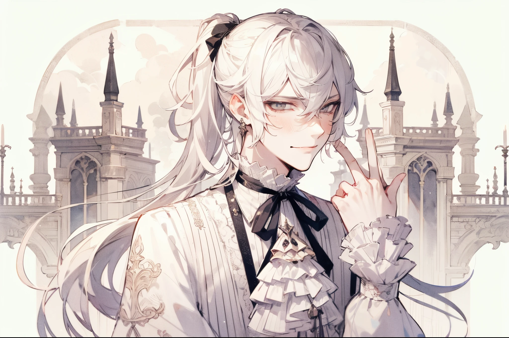 high-quality, Pixiv style, mature young man, white long hair, ponytail, sharp narrow eyes, yellow irises, black ribbon, sophisticated appearance, frilly blouse, small hand gesture (🤏), gothic-style palace background, soft muted colors, evil smile, mysterious aura, Japanese anime style, clear line drawing, transparent watercolor, pastel tones, clear shading, adult and refined look