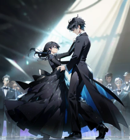 (Top resolution),1womanl,1male people,Anime, Blue eyes,Delicate eyes,Black hair,1 large blade,Black long dress,suits,Black tights,Stage Background,Dancing on stage