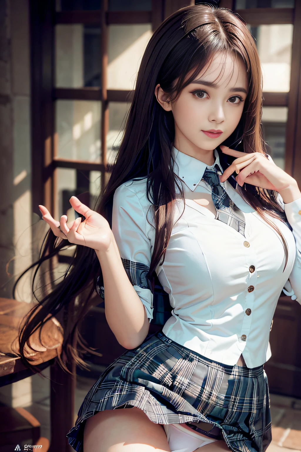 (A hyper-realistic)、(illustratio)、(hight resolution)、(8K)、(ighly detailed)、(Best Illustration)、(beautifully detailed eyes)、(top-quality)、(ultra-detailliert)、(masterpiece)、(wall-)、(A detailed face)、独奏、1 girl in、looking at viewert、fine detailed、A detailed face、in the darkness nigth、deep-shadows、lowkey、pureerosfaceace_v1、A smile、long、Black shawl straight hair、46-point diagonal bangs,female students、(white blazer chest measurement)、Translucent white blouse、red bowtie、(Miniskirts in bright colors,Plaid)、A smile,8K, Best Quality, Ultra high definition, masutepiece, Realistic, Photorealistic, High contrast, Photon mapping, Real Image, Super Detail, low angles: 1.5, 1 girl, Solo: 1.5, Full body, Kepop Star, Kepop Idol, dress up like kpop, Sexy, Open your legs forward, Fancy makeup, Blazer: 1.3, Short skirt: 1.3, Blazers and skirts, M Character Opening Leg: 1.3, Legs open 180 degrees, Open crotch: 1.3, long hair with brown hair, Wet white panties: 1.5, Panties visible from under the skirt: 1.3, tall, Height 170cm, Long legs: 1.2, Textured skin