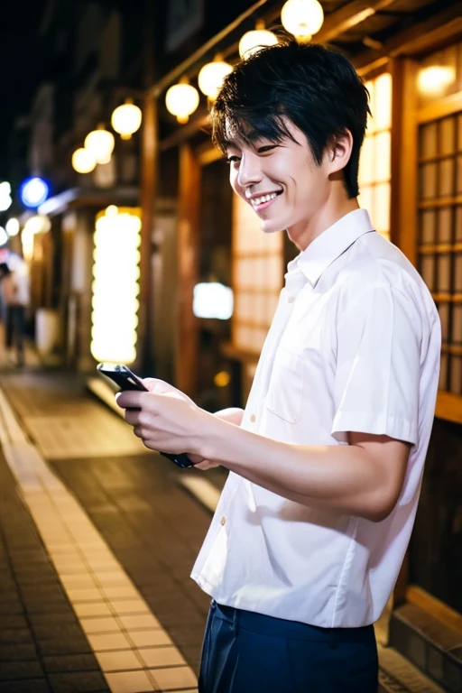 Handsome Japanese man dancing while looking at his smartphone,a smile,21 year old male from Japan,Wears a white shirt,Portrait facing the front
