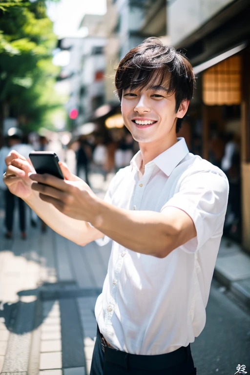 Handsome Japanese man dancing while looking at his smartphone,a smile,21 year old male from Japan,Wears a white shirt,Portrait facing the front