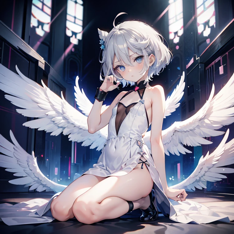 masterpiece,best quality,blue eyes,(Minamiuri),solo, ((flat chest)),full body,((silver short hair)), girl,8k,((kawaii)),good hands,((good fingers))