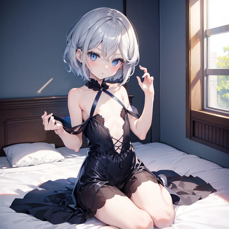 masterpiece,best quality,blue eyes,(Minamiuri),solo, ((flat chest)),full body,((silver short hair)),loli girl,8k,((kawaii)),good hands,((good fingers))