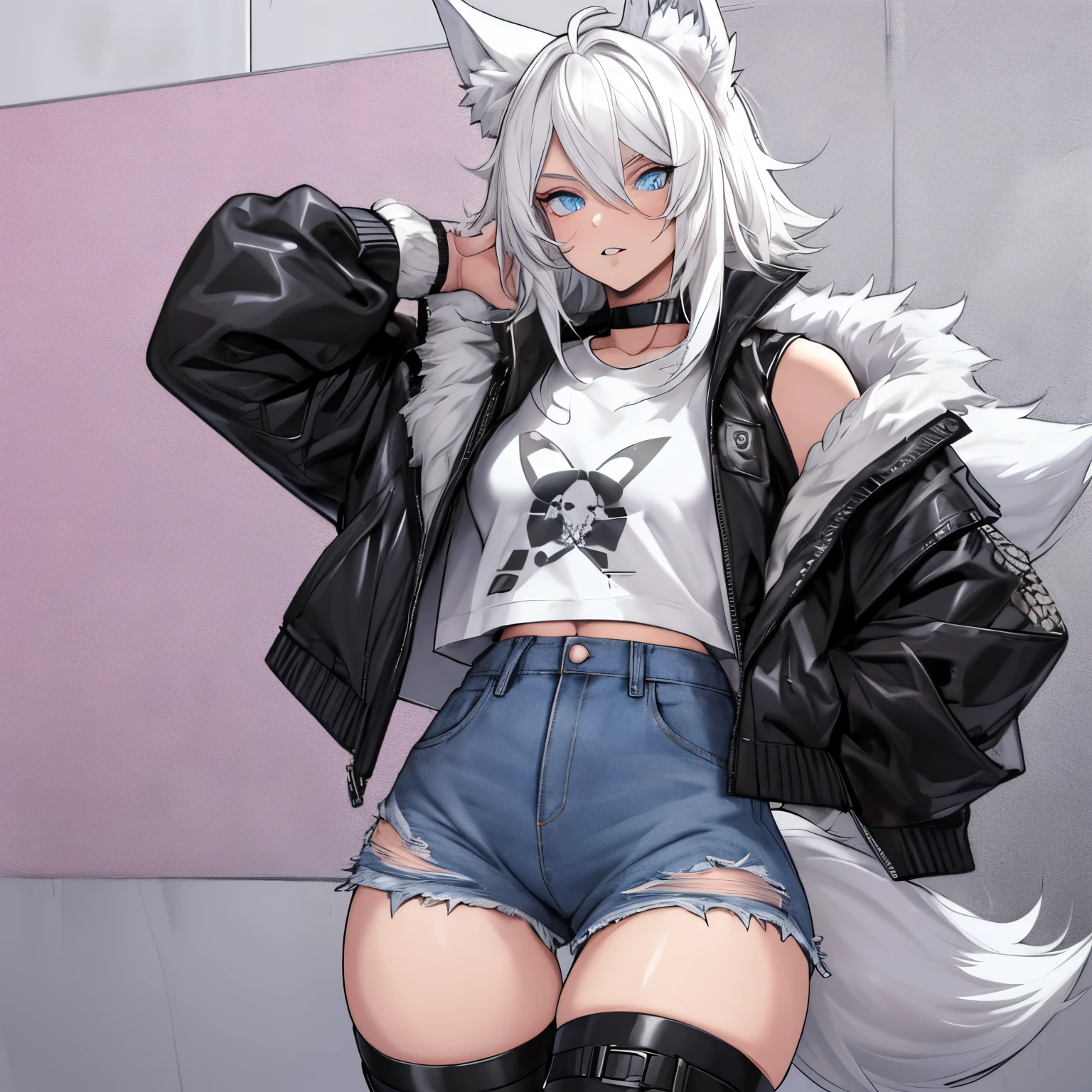 Single boy, Anime Femboy, Short, Long white hair, wolf ears, wolf tail, blue eyes, wearing short denim shorts, thigh high fishnets, black combat boots, wearing fur lined open jacket, flat chest, super flat chest, wearing cropped t-shirt, solo femboy, only one femboy ((FLAT CHEST)) solo, alone, (SOLO)(ALONE) thicc thighs, wide hips, blue eyes, perfect eyes, perfect face, pouty lips, happy