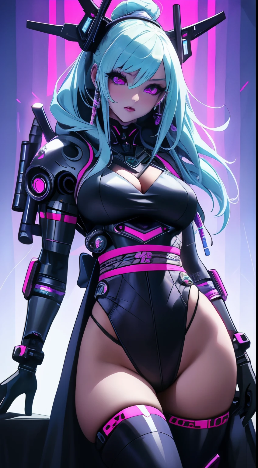 Ariana Grande in a black and pink Cybersamurai outfit, Chica femenina de cyberpunk, cyberpunk, Oppai cyberpunk, Cyberpunk chica mech, Anime Arte cyberpunk, cyberpunk themed art, Arte digital cyberpunk anime, Arte de cyberpunk, very beautiful cyberpunk samurai, Chica cyberpunk, Geisha cyberpunk, Cyberpunk hermosa chica, Cyberpunk enojada hermosa diosa, Digital Cyberpunk - Arte Anime, ,More detailed 8K.motor irreal:1.4,UHD,La mejor calidad:1.4, fotorrealista:1.4, textura de la piel:1.4, obra maestra:1.8,obra-prima, mejor calidad,objeto Objeto], (detailed face features:1.3),(Ojos hermosos azules), (Dedos hermosos detallados),(Perfect anatomy),lingerie sexy pink,(fondo ciudad Tokio cyberpunkAI colors:1.4),( fondo negro brilla: 1.25), (Cybersamurai white:1.4),(ciborg blanket:1.4),