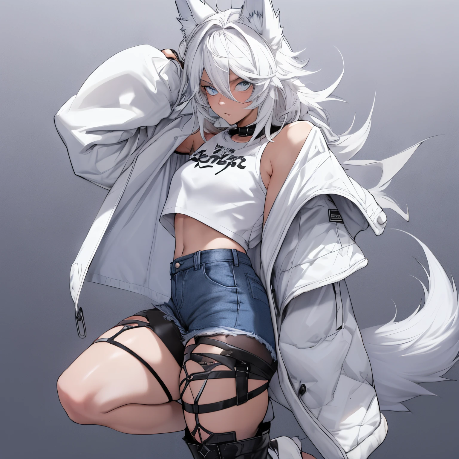 Single boy, Anime Femboy, Short, Long white hair, wolf ears, wolf tail, blue eyes, wearing short denim shorts, thigh high fishnets, black combat boots, wearing fur lined open jacket, flat chest, super flat chest, wearing cropped t-shirt, solo femboy, only one femboy ((FLAT CHEST)) solo, alone, (SOLO)(ALONE) thicc thighs, wide hips, blue eyes, perfect eyes, perfect face, pouty lips, happy
