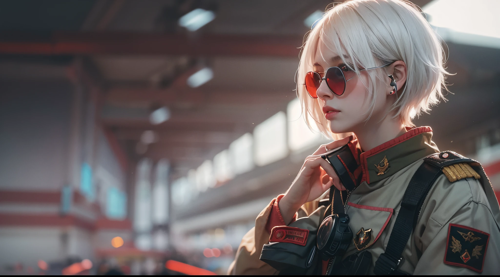tmasterpiece , one-girl, at the battlefield, ( light white short hair:1.2), (red eyes:1.2), (Russian military uniform:1.2), (looking at viewert:1.2) , (8K, best quality 1.2), ultra - detailed, 8k ultra high definition, gentlesoftlighting, high high quality, filmgrain, beautiful light up, Cinematic ,perfect body figure , best illuminate, The best shadow, Sharpness, to contrast, red-tinted glasses, messy hair, tactical vest, mitts, Earphone, absurdres high detailed face