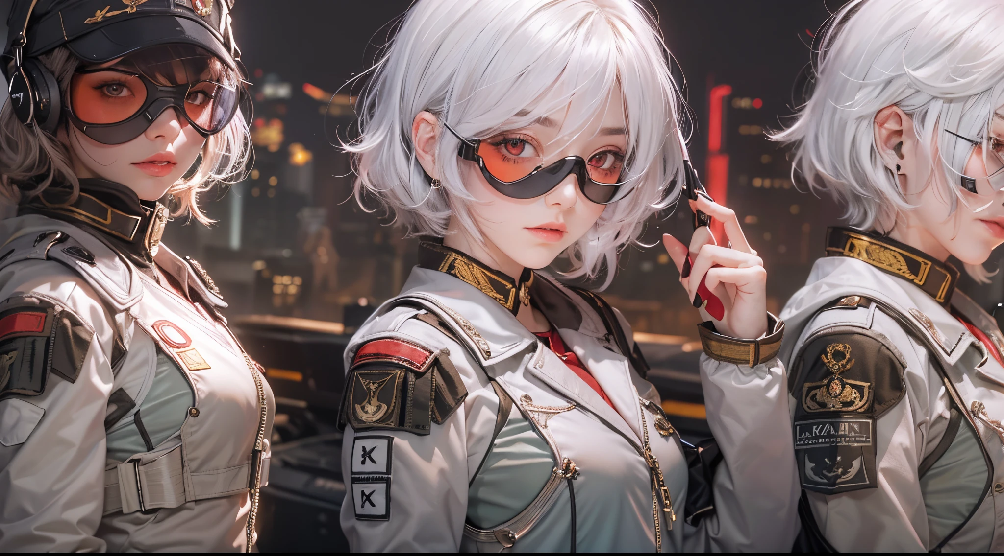 tmasterpiece , one-girl, at the battlefield, ( light white short hair:1.2), (red eyes:1.2), (Russian military uniform:1.2), (looking at viewert:1.2) , (8K, best quality 1.2), ultra - detailed, 8k ultra high definition, gentlesoftlighting, high high quality, filmgrain, beautiful light up, Cinematic ,perfect body figure , best illuminate, The best shadow, Sharpness, to contrast, red-tinted glasses, messy  hair, tactical vest, mitts, Earphone, absurdres high detailed face